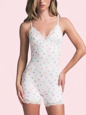 Skims candy hearts romper with lace trim